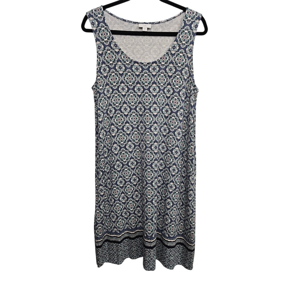 J.Jill Blue Floral Print Dress M Sleeveless Stretch Rayon Casual Boho Lagenlook